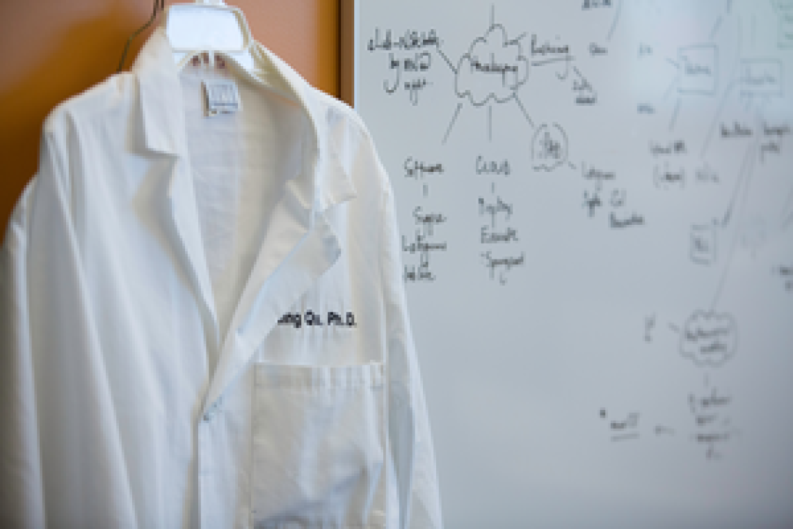 UA-4589
Location: Medical Research Building (MRB)
Description: Detail of a lab coat and writing on a whiteboard.
Photographer: FJ Gaylor

